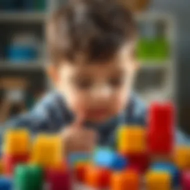 A thoughtful child engaged in creative play with colorful blocks