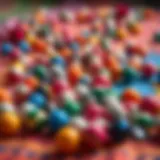 Colorful marbles scattered on a vibrant cloth