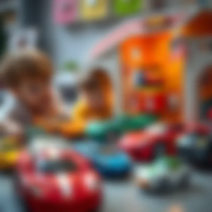 Children engaged in imaginative play with a toy car garage