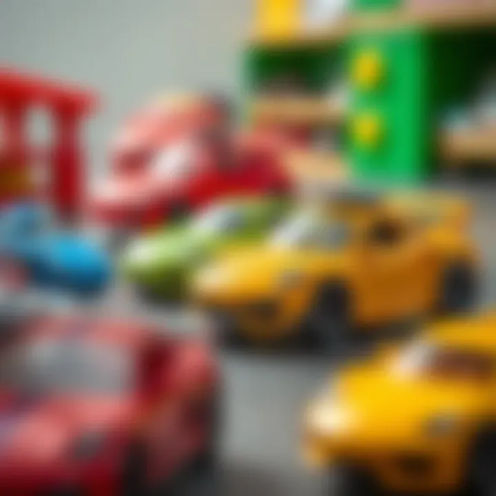 A close-up of fine motor skill activities using toy cars