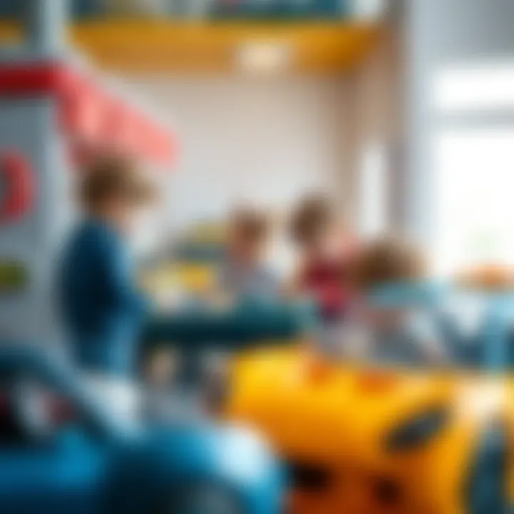A diverse group of children interacting around a toy car garage