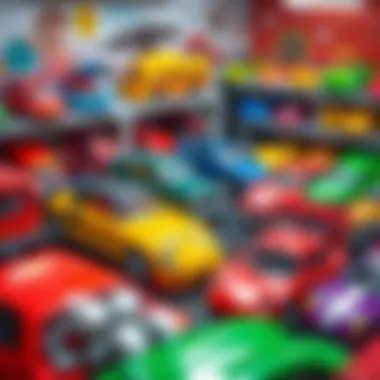 A vibrant toy car garage filled with colorful vehicles