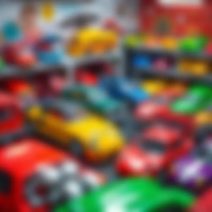 A vibrant toy car garage filled with colorful vehicles