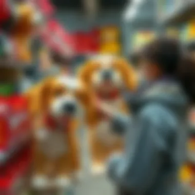 A parent selecting a large toy dog in a store, emphasizing choice criteria.