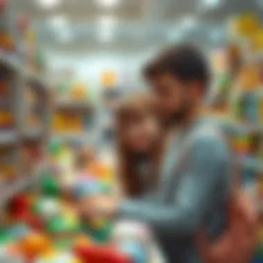 Choosing Toys for Development A parent selecting toys in a store with a focus on developmental benefits