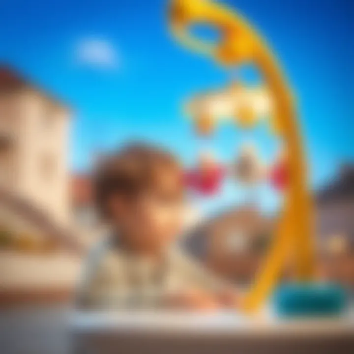 Child gazing at a spinning mobile