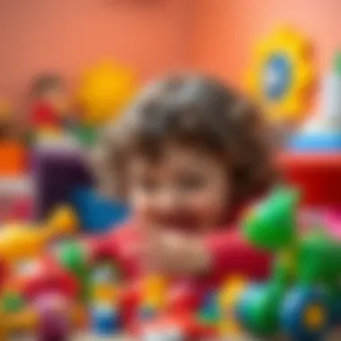 Playful curly-haired child engaging with colorful toys