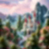 A dreamy landscape depicting Aurora's kingdom filled with enchanting forests and castles.