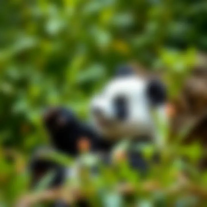 A playful panda in its natural habitat, surrounded by lush greenery.