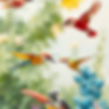 Exotic Birds in Flight in Watercolor A colorful watercolor scene of a group of exotic birds in flight