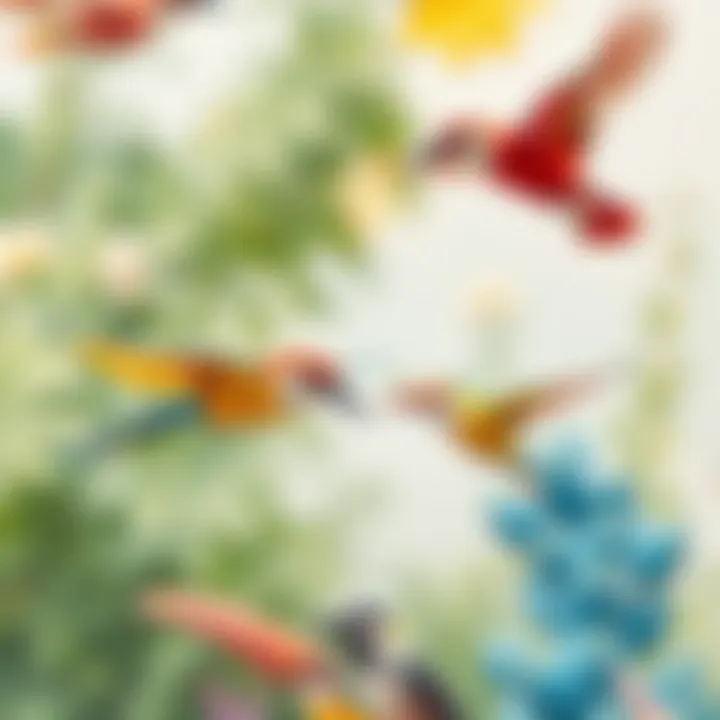 Exotic Birds in Flight in Watercolor A colorful watercolor scene of a group of exotic birds in flight