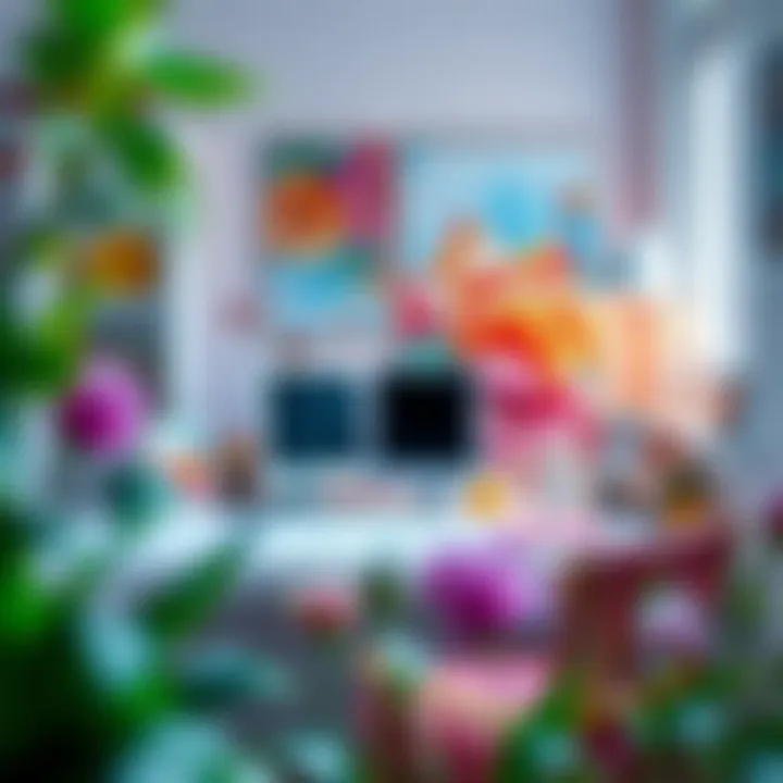 A serene workspace adorned with floral watercolor artwork