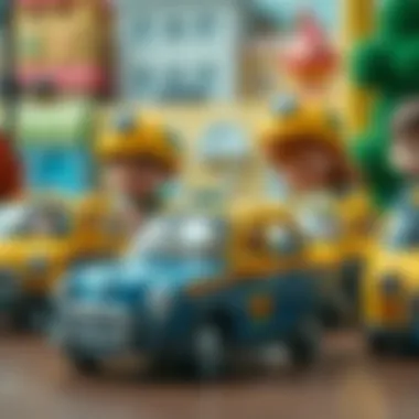 Children playing with toy taxis in a travel-themed setting