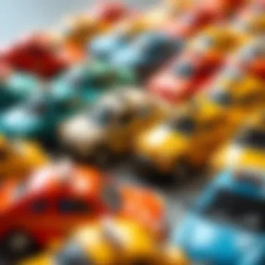 A variety of modern toy taxis in bright colors