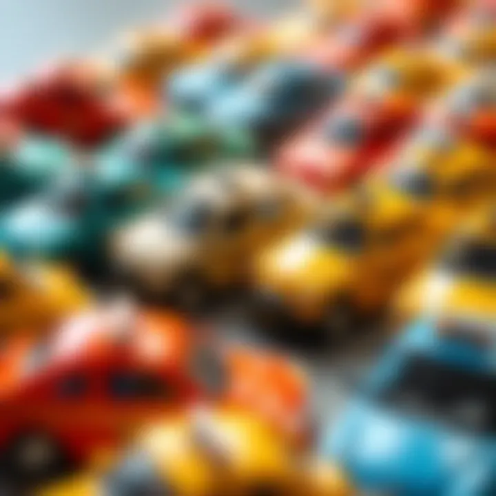A variety of modern toy taxis in bright colors