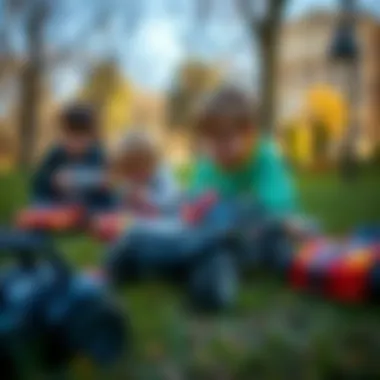 Children Engaging with Remote-Controlled Cars Children playing with remote-controlled cars in a park.