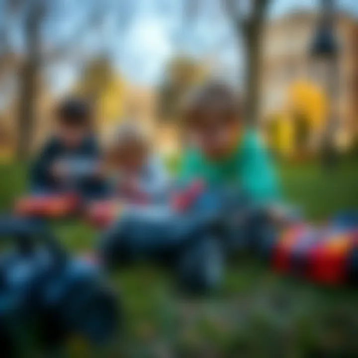 Children Engaging with Remote-Controlled Cars Children playing with remote-controlled cars in a park.