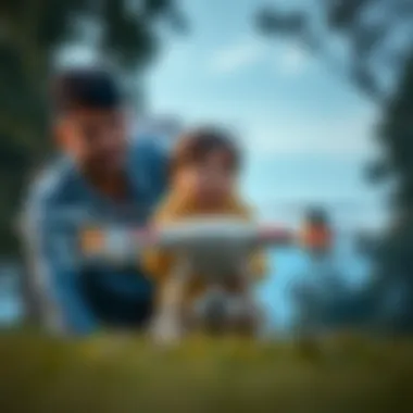 Parent and Child Navigating a Remote-Controlled Drone A parent guiding a child with a remote-controlled drone.