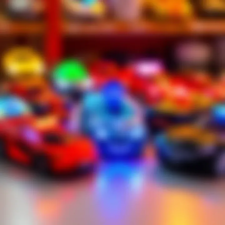 Various models of light-up cars displayed together